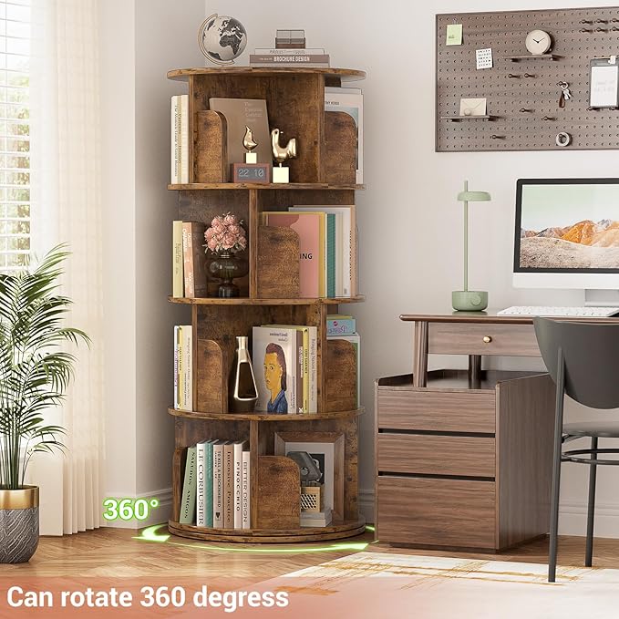 Rotating Bookshelf, Corner Bookshelf, 360 Display Wood Spinning Bookcase Storage Rack, Floor Standing Revolving Bookcase Narrow Book Shelf Organizer for Small Space, Bedroom, Rustic Brown