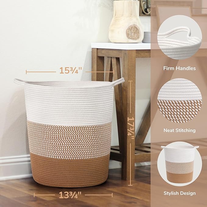 INDRESSME Large Rope Basket - Tall Laundry Basket Hamper for Dirty Clothes Woven Jute Storage Baskets for Blanket in Living Room Toy Baskets for Nursery Storage, 17¾ x 15¾ x 13¾ inches