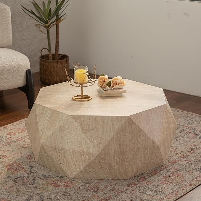 WILLIAMSPACE 37.4" Drum Coffee Table with Mars Pattern for Living Room, Modern Farmhouse Wood Center Table with Faceted Diamond, Mid Century End Side Table for Apartment, 37.4" x 35.83" x 16.14"H