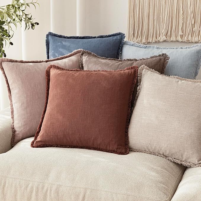 Foindtower Set of 2 Decorative Linen Fringe Throw Pillow Covers Boho Farmhouse Cushion Cover with Tassels Soft Accent Pillowcase for Couch Chair Sofa Bed Living Room Home Decor,20×20 Inch,Rust Red