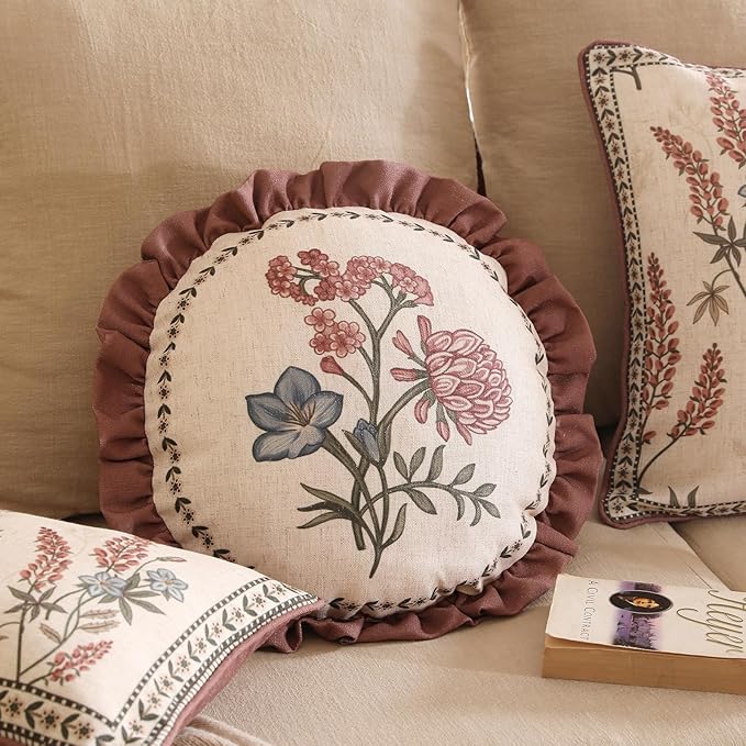 Design Linen Vintage Throw Pillow Covers Diameter 16", Round Cushion Covers with Blue Pink Flowers Green Leaves Pattern Decoration Pillowcases for Bed,Living Room,Outdoor,Car