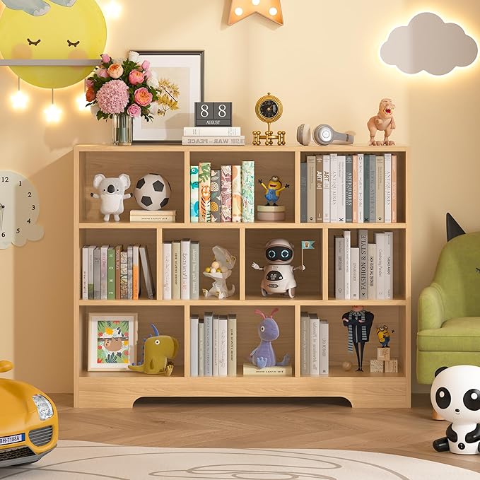 Book Shelf for Kids, 10 Cubes Storage Organizer Montessori Bookshelf, 3-Tier Wooden Kids Bookcase, Toy Storage Organizer for Children, Wooden Toddler Bookshelf Cube Shelf for Kid’s Room, Classroom