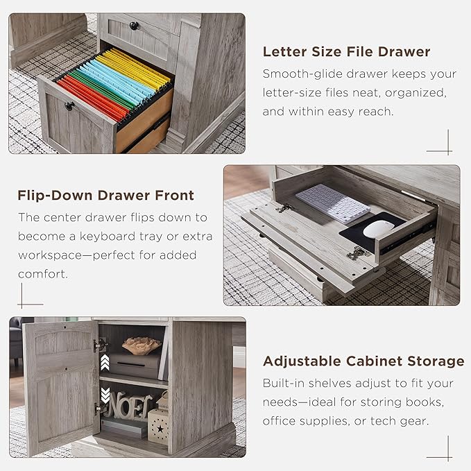 OKD 60" Executive Desk with Drawers, Farmhouse Home Office Desk with Charging Station, Keyboard Tray, File Cabinet Storage, Wood Computer Desk for Work and Study, Antique Brushed White