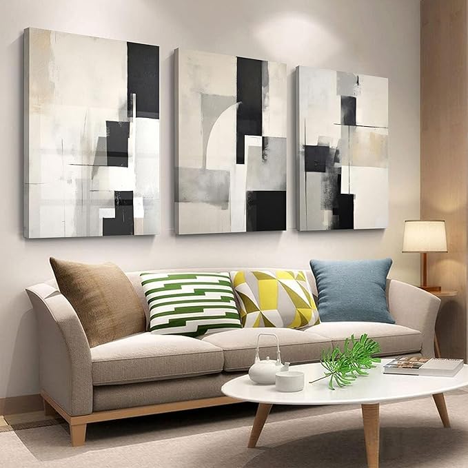 3Pcs Framed Neutral Abstract Canvas Wall Art Floral Pictures Modern Minimalist Posters Prints Beige Black Flower Wall Decoration for Living Room Bedroom Bathroom Office 16x24in