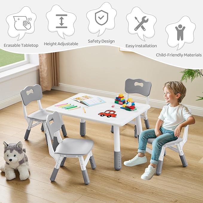 Toddler Table and 4 Chairs Set, Height Adjustable Kids Table and Chairs, 31.5''L x 23.6''W, Marble Pattern & Graffiti Desktop, Children Multi-Activity Table for Home/Daycare/Classroom