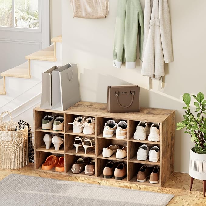 12-Cubby Shoe Rack, 3-Tier Wood Shoe Organizer, Multifunctional Shoe Organizer Bench for Entryway, Mudroom, Hallway, Closet,36.22 * 11.81 * 17.72 Inch,Brown