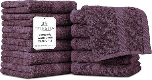 100% Cotton Wash Cloth for face & Body Set of 12, (12 x 12 inches) Sustainable, Soft, Highly Absorbent, Combed Cotton Wash Cloths Pack of 12 for Hotels, Spa, Bathroom, Dorm, Burgandy