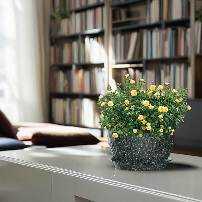 12/10/9 Inch Plant Pots, 3 Pack Large Flower Pots for Indoor and Outdoor Plants with Water Ripples, Large Plastic Flower Pots with Drainage Holes and Tray for Garden Indoor Plants