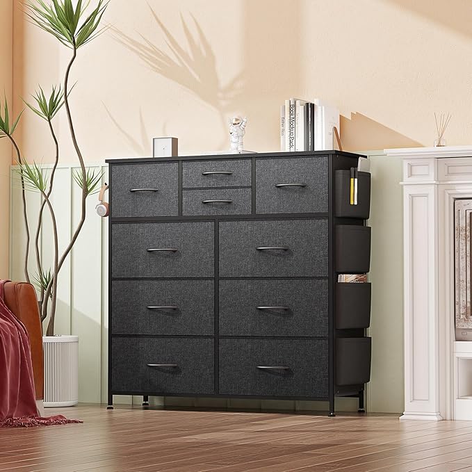 10 Drawer Dresser, Chest of Drawers for Bedroom, Fabric Dresser Drawers with Side Pockets, Hooks, Wooden Top and Sturdy Metal Frame for Living Room, Closet, Hallway, Nursery (Grey)