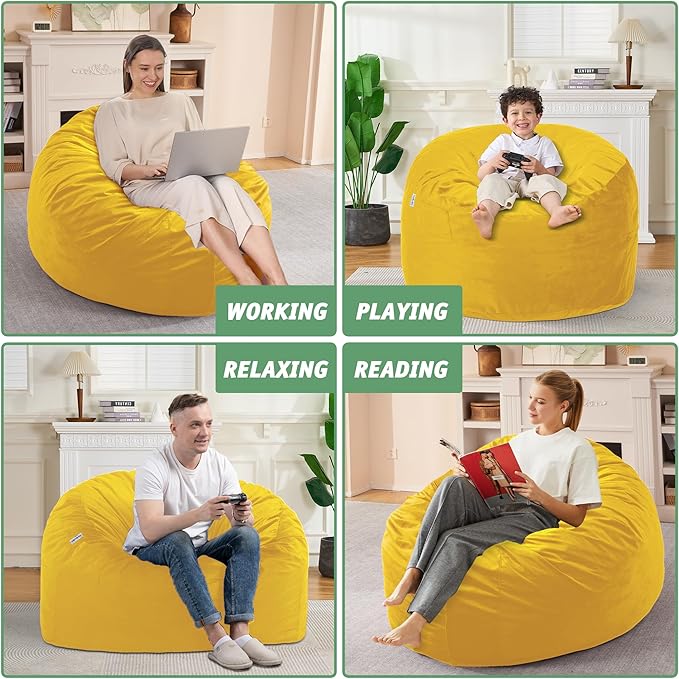 3FT Bean Bag Chair with Ultra Soft Velvet Cover Bean Bag Sofa with Memory Foam Bean Bag Chairs with Large Size Lazy Sofa for Dorm Office Living Room Bedroom Yellow 3'