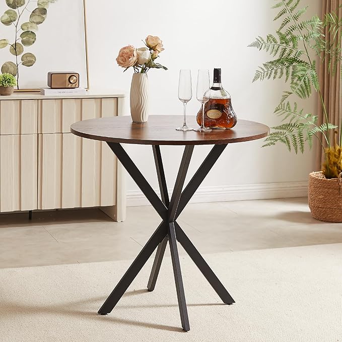 Unovivy 31.5" Small Round Dining Table for 2-4, Space Saving Circle Kitchen Dinner Table, Industrial Mid Century Modern Dining Room Desk for Kitchen, Apartment, Rustic Brown