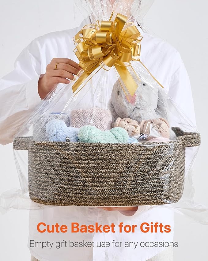 KALLAX Small Woven Basket, 14 x 10 x 5.6 Inches, Small Storage Baskets for Organizing, Gift Baskets Empty, Cute Rope Shelf Closet Storage Bins for Shelves, Dog Toy Basket, Black & Brown Mixed