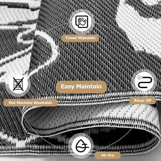 Beeiva Butterfly Outdoor Rug 6x9, Reversible Indoor Outdoor Rugs Waterproof, Lightweight Plastic Patio Rug for Camping, Deck, Balcony, Backyard - Black & White