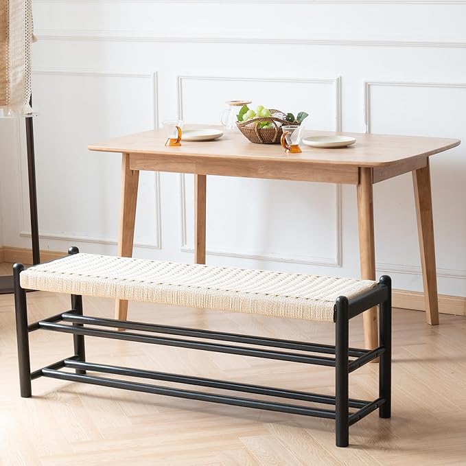 Solid Wood Entryway Bench with Shoe Storage, Rustic Oak Wood and Woven Design 45 Inch Long Seating for Living and Dining Rooms, 3-Tier Black