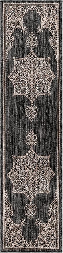 Unique Loom Outdoor Traditional Collection Area Rug - Antique (2' x 8' Runner Charcoal Gray/Natural)