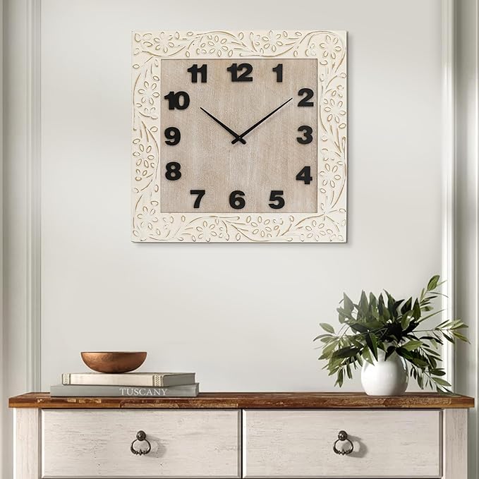 Large Wall Clock Square Living Room Decor Clocks, Numeral Wall Clocks with Battery Operated, Quartz Analog Movement Decorative Wall Clock for Office, Home, Kitchen, 24 Inch White
