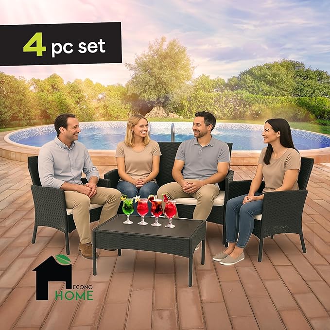 EconoHome 4-Piece Outdoor Patio Furniture Set - Patio Set with 2 Rattan Chairs, 1 Loveseat & 1 Glass -Top Coffee Table - Weather-Proof Wicker with Cushions - Conversation Set for Porch, Balcony, Lawn