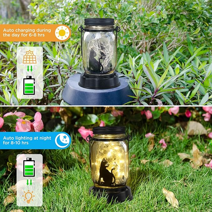Styleonme Decor Mobile Outdoor Solar Lanterns, Cat & Butterfly Fairy Lights Theme Garden, Mason Jar Solar, Gifts for Mom, Grandma, Women, Everyone, Cat Themed Gifts, Garden Fence Patio Lawn Decor