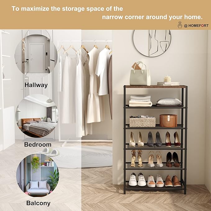 HOMEFORT Shoe Rack 6-Tier, Shoe Storage Shelf, Industrial Shoe Tower, Narrow Shoe Organizer for Closet Entryway, Small Shoe Rack Table with Durable Metal Shelves, Rustic Brown