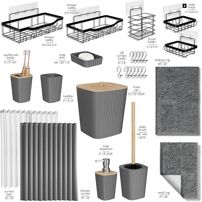Bathroom Accessories Set with Shower Caddy and Bath Rugs, 27PC Bathroom Accessory Set with Shower Caddies Grey Bath Rugs, Shower Curtain Set, Toilet Brush, Trash Can, Soap Dispenser, Toothbrush holder