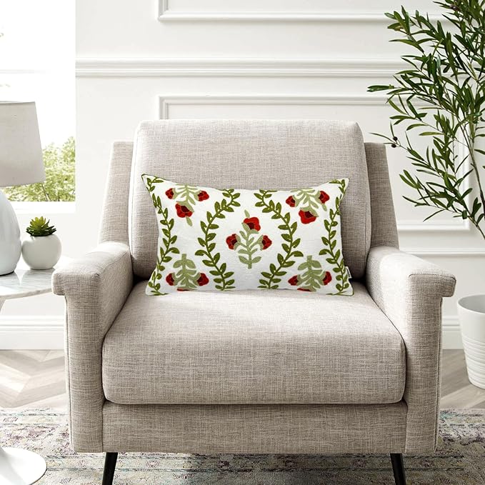 Alysheer Floral Embroidered Summer Lumbar Decorative Throw Pillow Cover 12"x 20", Farmhouse Cottage Red Flowers Green Leaves Patterned Cotton Canvas Cushion Case for Sofa Couch Bed Living Room Decor