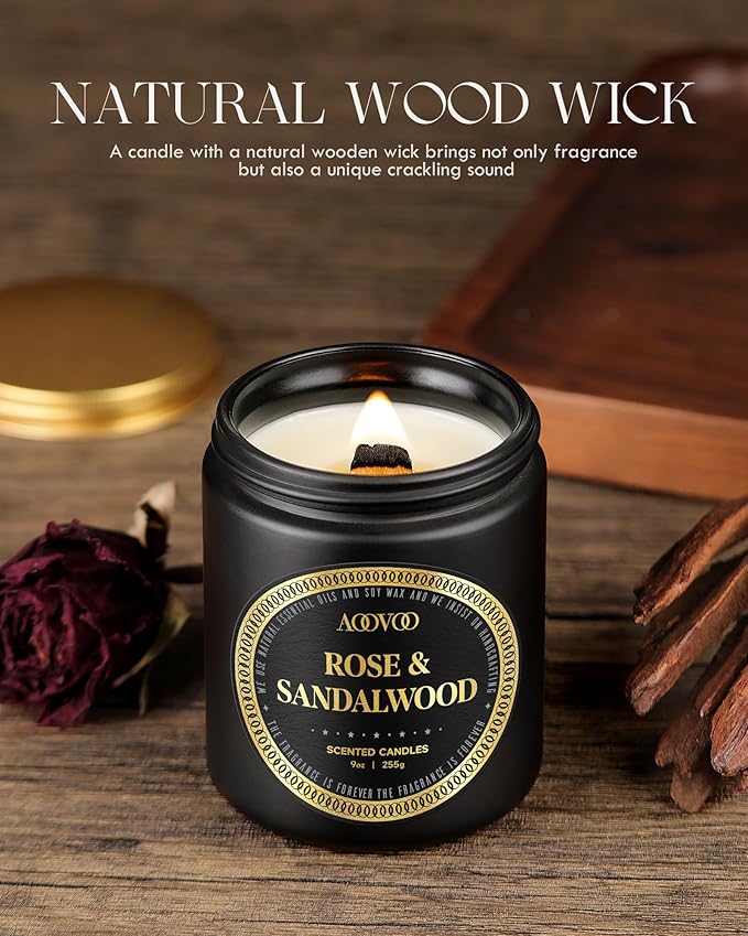 AOOVOO Scented Candles for Men - Rose & Sandalwood Candles for Home Scented | Crackling Wood Wick Soy Candle | Strong Fragranced Masculine Black Candle Gift for Women & Men, 9oz