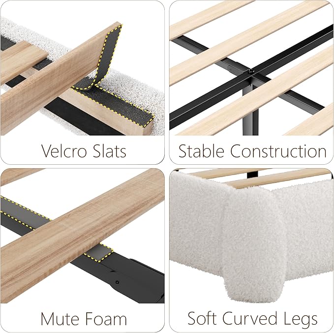 King Size Bed Frame with Headboard Adjustable, Boucle Upholstered Platform King Bed Frame, Anti-Collision Soft Rounded Corners, No Box Spring Needed, Noise-Free, Easy Assembly, White