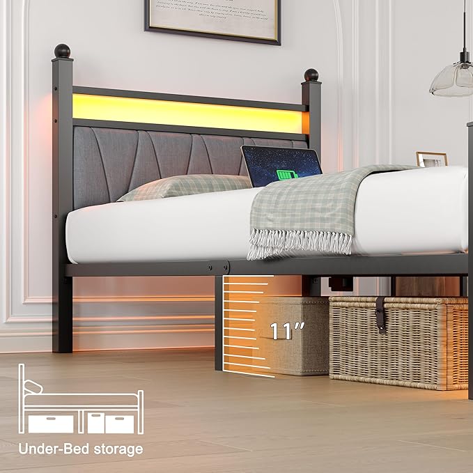 Full Bed Frame with Smart LED Lights, Storage Headboard and USB Charging Station,Heavy Duty Wooden Slats, No Box Spring Needed, Noise Free, Easy Assembly (Modern Black, Twin)