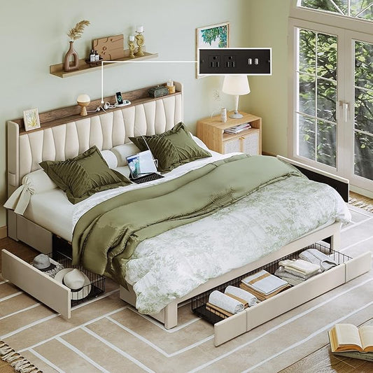 ANCTOR King Size Bed Frame with Storage Headboard and Charging Station, Upholstered Platform Bed with 3 Drawers, No Box Spring Needed, Easy Assembly, Beige