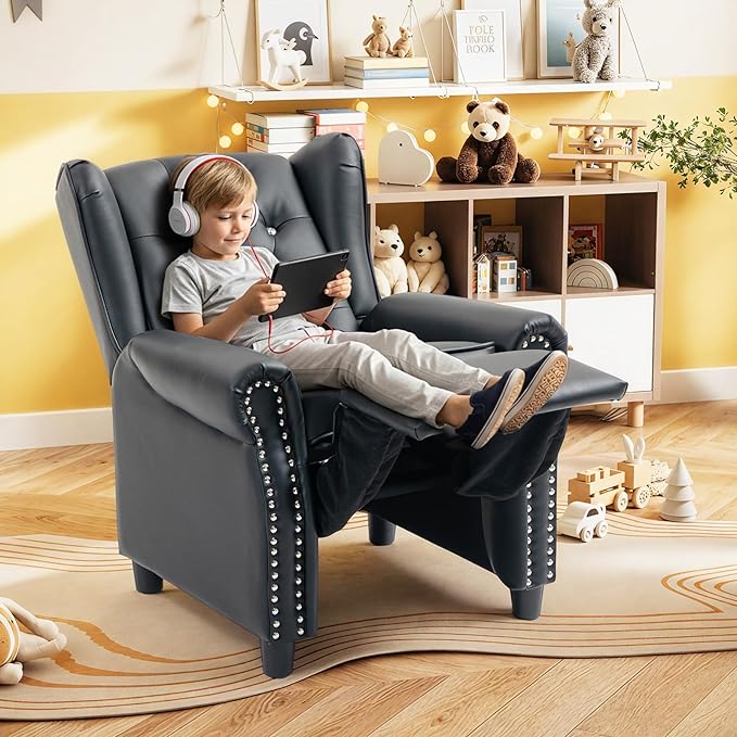 AVAWING Kids Wingback Recliner Chair with Studded Tufted Backrest & Nailhead Trim, PU Leather Kids Chair with Adjustable Backrest and Footrest, for Bedroom or Nursery (Black)