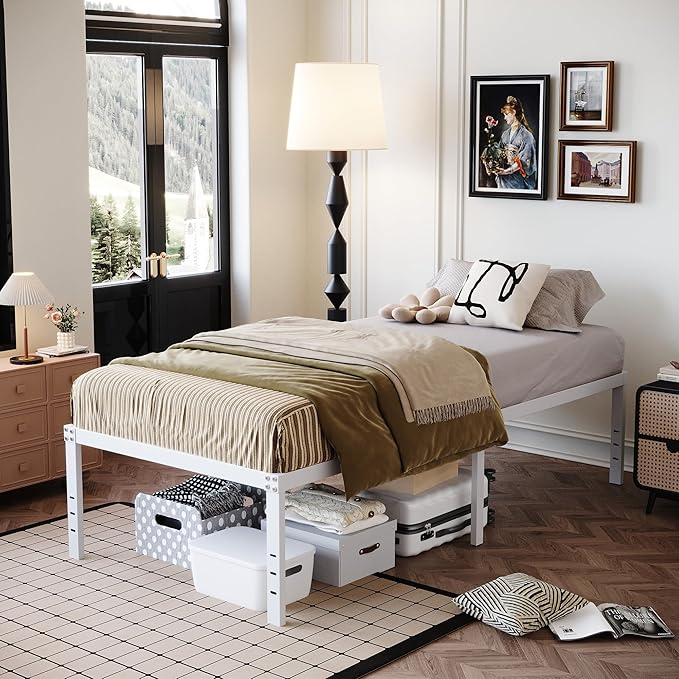 18 Inch Twin XL Bed Frame Heavy Duty No Box Spring Needed Metal Platform with Maximum Storage, Easy to Assembly, Noise Free, White