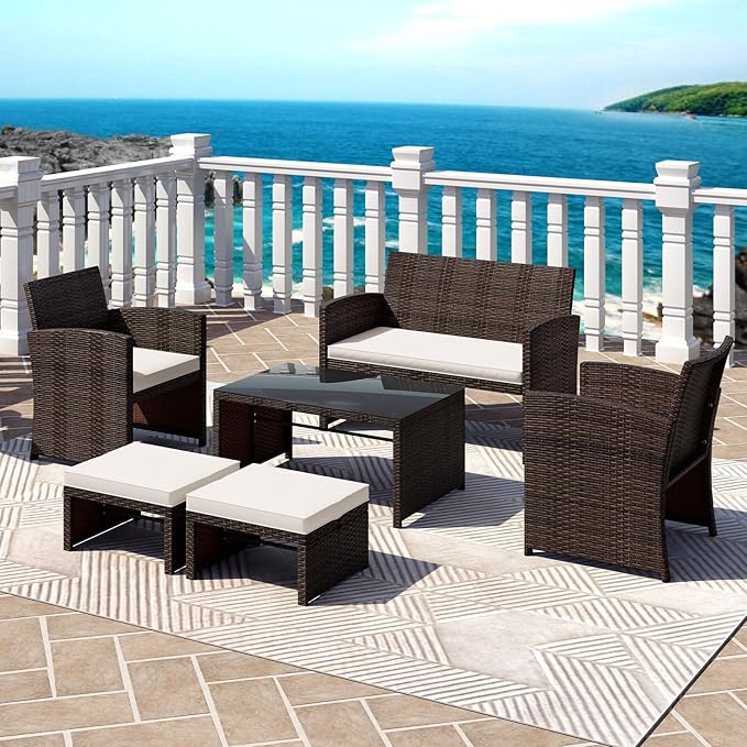 Tangkula 6 Pieces Patio Furniture Set, Outdoor Sectional Conversation PE Rattan Sofa Set with 1 Loveseat, 1 Coffee Table, 2 Armchairs and 2 Ottomans for Garden, Deck, Backyard and Poolside (White)