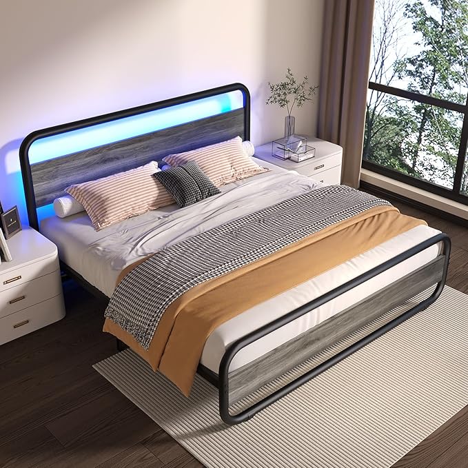 Catrimown King Size Bed Frame, Metal Bed Frame with LED Wood Headboard and, Heavy Duty Platform Bed with Under Bed Storage, Noise Free, No Box Spring Needed, Wash Gray