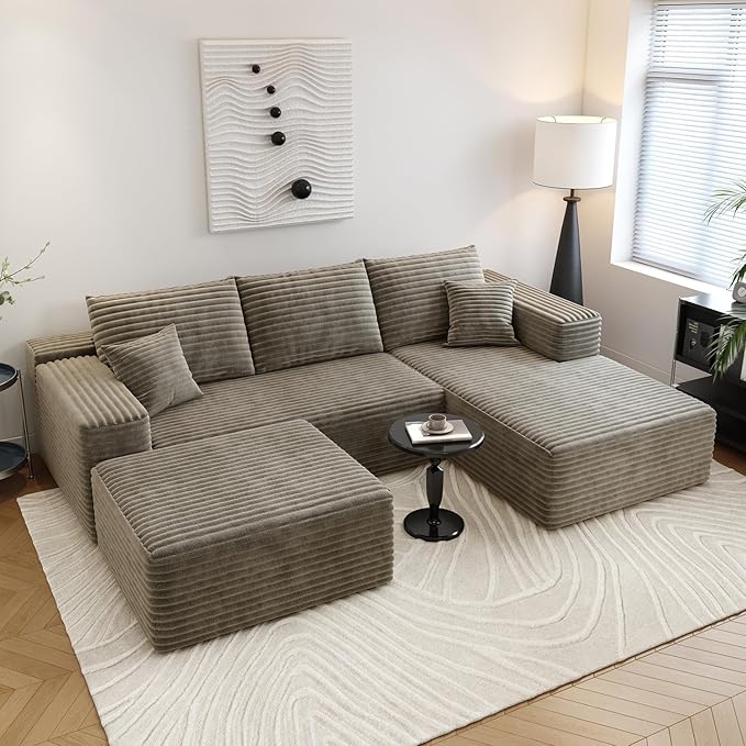 107.5" Cloud Sectional Couch with 1 Ottoman,Modern Modular Sofa with Deep Seat, Comfort U Shaped Sofa Couches for Living Room Bedroom Apartments,No Assembly Required, (Camel,Right Facing Chaise)