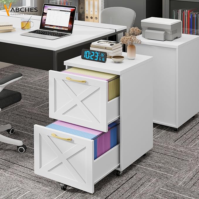 Farmhouse File Cabinet with 2 Drawers, Vertical Filing Cabinet on Wheels for Letter/A4 Size Hanging Files, Mobile File Cabinets Printer Stand for Home Office, White