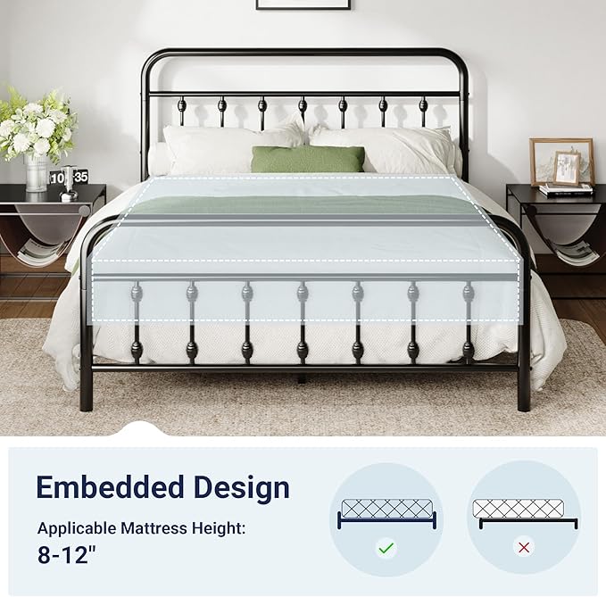 Allewie Queen Size Metal Platform Bed Frame with Victorian Style Iron-Art Headboard and Footboard, Easy Assembly, Under Bed Storage, No Box Spring Required, Black