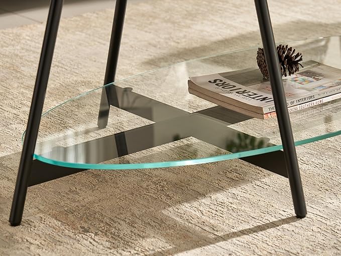 Shrine Glass Coffee Table, Black Walnut Table for Living Room, Glass and Wood Table, 43.3" D x 21.6" W x 15.7" H, Clear Glass Base, Walnut Wood Top&Black Metal Frame