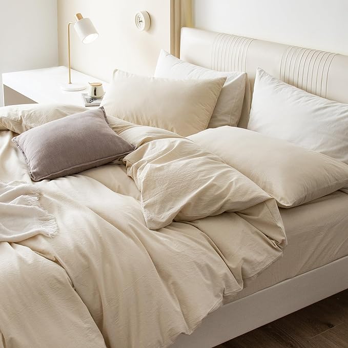 JIYUAN 100% Washed Cotton Duvet Cover Set 3 Pieces Full, 1 Duvet Cover 80x90 Inches(Comforter Not Included) and 2 Pillowcases,Linen Feel Bedding Set Comfy and Breathable,Heathered Beige