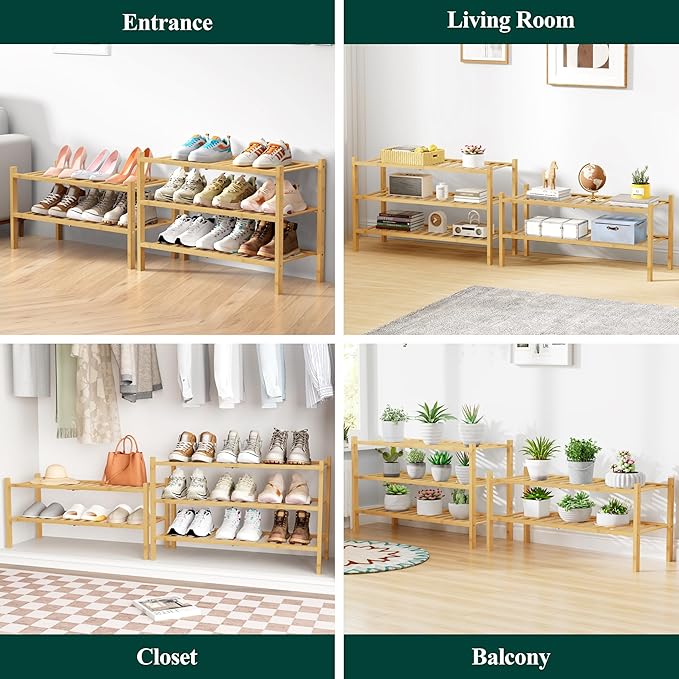 Smiry Bamboo Shoe Rack for Closet, 4 Tier Wooden Stackable Shoe Organizer, Free Standing Shoes Storage Shelf for Entryway, Front Door Entrance, Natural
