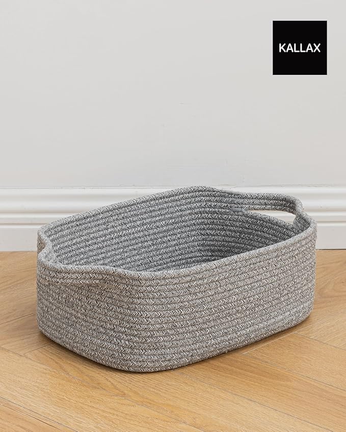 KALLAX Small Woven Basket, 14 x 10 x 5.6 Inches, Small Storage Baskets for Organizing, Gift Baskets Empty, Cute Rope Shelf Closet Storage Bins for Shelves, Dog Toy Basket, Mixed Grey