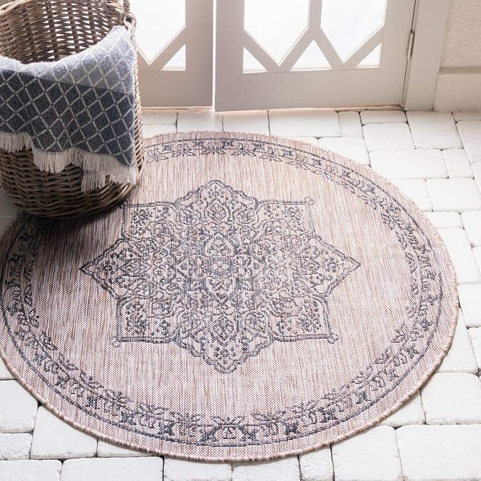 Unique Loom Outdoor Traditional Collection Area Rug - Antique (4' 1" Round, Beige/ Black)