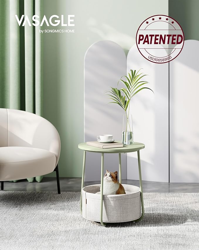 VASAGLE Small Round Side End Table, Modern Nightstand with Fabric Basket, Laurel Green and Cream White ULET223C69