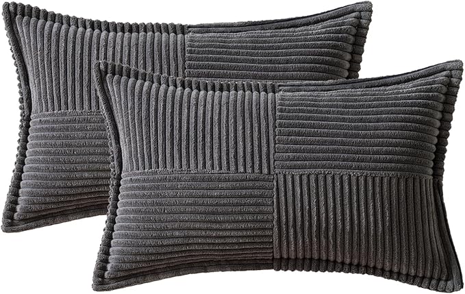 MIULEE Dark Grey Corduroy Lumbar Pillow Covers 12x20 Inch 12x20 Inch with Splicing Set of 2 Soft Boho Pillow Covers Broadside Decorative Textured Pillowcases for Couch Bed Livingroom