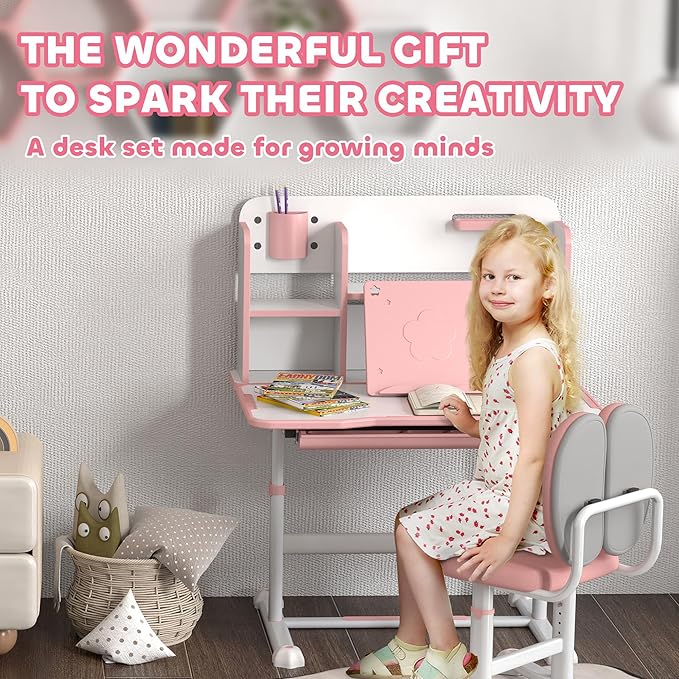 Qaba Kids Desk and Chair Set, Height Adjustable Kids School Study Desk and Chair Set with Tilt Desktop, Storage Drawer and Reading Rack for Writing, Reading and Drawing, Pink