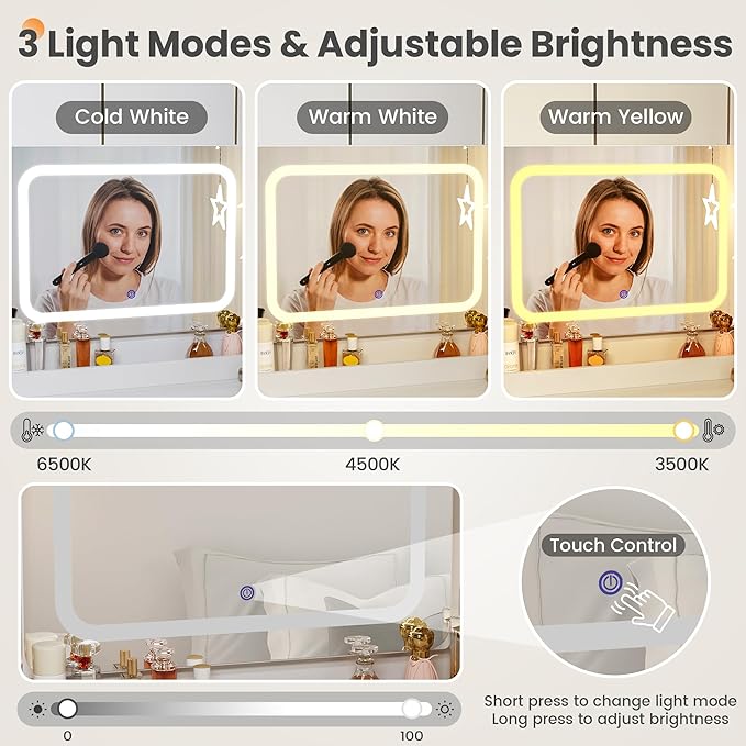 Pamapic 67" Vanity Desk with Mirror and Lights, Golden Handles 15 Storage Dresser with Mirror, 8 Drawers Makeup Vanity with Upgraded Silent Slides, Adjustable Width Corner Vanity Gift