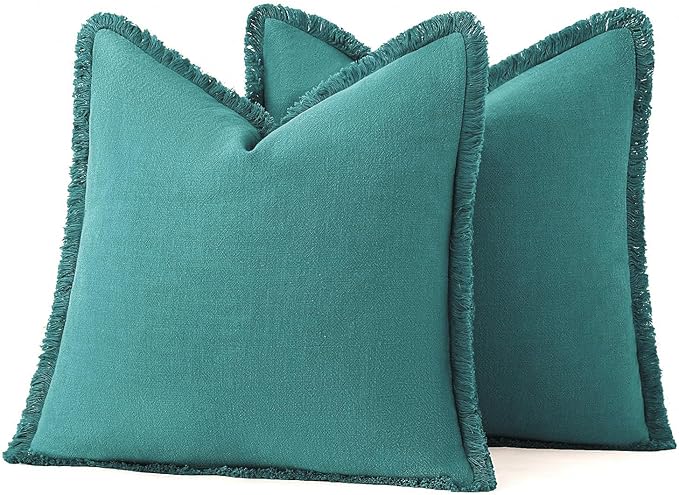 MIULEE Decorative Throw Pillow Covers Neutral Linen Fringe Throw Pillows Set of 2 Teal Boho Farmhouse Cushion Covers with Tassels for Couch Sofa Bed Living Room Spring Home Decor 20x20 Inch