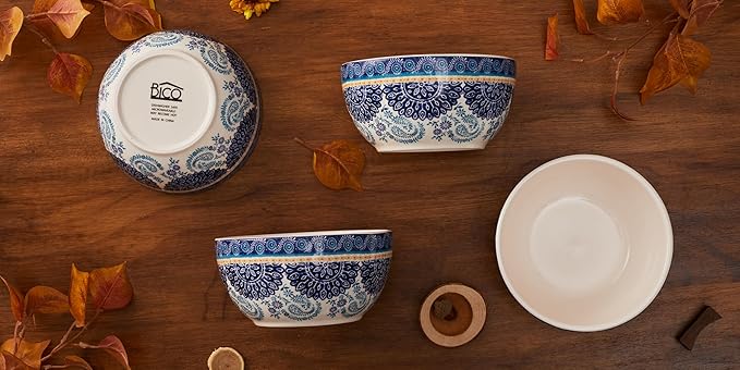 Bico Blue Talavera Cereal Bowls Set of 4, 26 oz Deep Ceramic Soup Bowls for Cereal, Salad, Noodles, Kitchen, Microwave and Dishwasher Safe, Gift for Housewarming and Thanksgiving