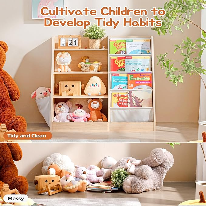 4 Tier Kids Wooden Bookshelf with Extra Pocket, Baby Toddler Bookshelf and Toy Storage Organizer with Four Layer Sling Bookcase for Kids Room Playroom Nursery Classroom