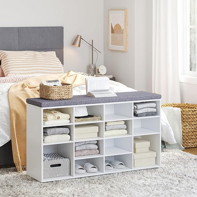 DINZI LVJ Shoe Storage Bench with Cushion, 16-Cubby Shoe Rack, Adjustable Shelves, Multifunctional Shoe Organizer Bench for Entryway, Mudroom, Hallway, Living Room, Bedroom and Garage, White