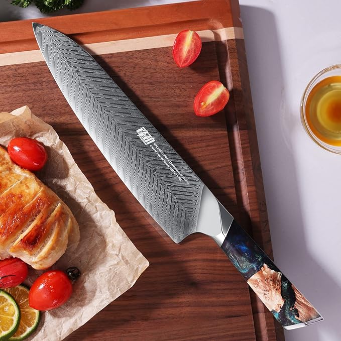 FINDKING Nebula Series Chef Knife with ABS Sheath, Multipurpose Japanese Gyuto Knife, 10Cr15CoMov Damascus Steel Blade, Resin and Figured Sycamore wood Handle, Full Tang, 8 Inch, Blue, for Meat